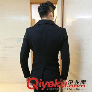 風衣 2015秋裝修身男士雙排扣黑色外套男大翻領呢子中長款風衣男裝大衣原始圖片2