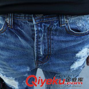 未分類 les帥t林彎彎2015新款壓皺貓須破洞補丁褲男士水洗修身哈倫牛仔褲原始圖片3