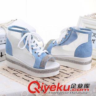 未分類 2015夏季新款網(wǎng)紗魚嘴鞋女鞋坡跟厚底中跟水鉆系帶透氣廠家直銷原始圖片3