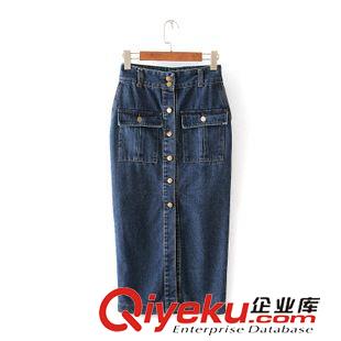 2015年7月19上新 歐美風(fēng)2015秋季女裝新款 雙口袋單排扣中長款牛仔半身裙包臀裙
