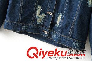 2015年7月19上新 2015秋季女裝新款  韓版原宿風翻領后背老虎頭印花破洞短牛仔外套
