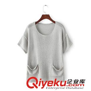 2015年7月9上新 2015夏季女裝新款  韓版休閑時尚圓領短袖純色雙口袋套頭針織衫