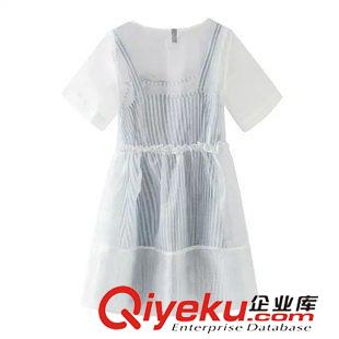 2015年7月9上新 歐美風2015夏季女裝新款  刺繡數字歐根紗條紋內搭兩件套連衣裙