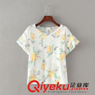 2015年7月7上新 2015夏季女裝新款  韓版時尚荷葉邊短袖清新印花竹節棉T恤