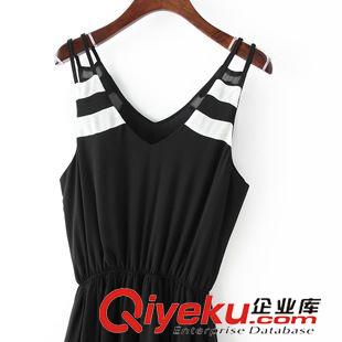 2015年6月2上新 2015夏季女裝新款  韓版時尚撞色拼接V領無袖吊帶收腰連衣裙