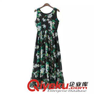 2015年4月15上新 2015夏季女裝新款  歐美風(fēng)休閑時尚定位花后V領(lǐng)大擺裙