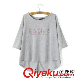 2015年4月10上新 2015夏季女裝新款  歐美風(fēng)時尚棉麻圓領(lǐng)雙口袋腰果印花短袖T恤