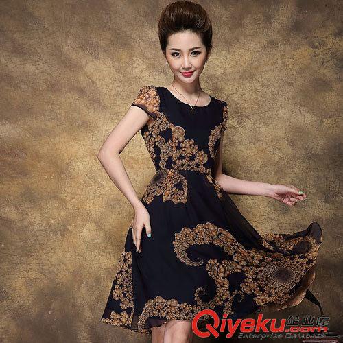 媽媽夏裝 2015夏裝新款女氣質優雅輕奢復古宮廷印花雪紡大擺連衣裙優雅淑女原始圖片2
