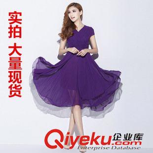 波西米亞長裙 2015夏季新款女裝短袖ol中長款收腰雪紡連衣裙修身大碼長裙淑女裝原始圖片3