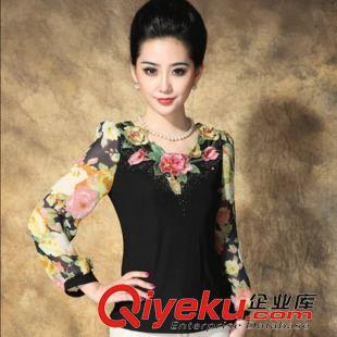 中長(zhǎng)袖雪紡 蕾絲衫 2014中老年女裝秋裝長(zhǎng)袖媽媽裝氣質(zhì)印花大碼雪紡衫女夏原始圖片2