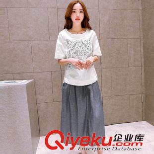 裙套裝 褲套裝 時尚短袖棉麻套裙女2015夏季新款女裝棉麻t恤中長裙兩件套印花潮原始圖片2