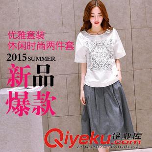 裙套裝 褲套裝 時尚短袖棉麻套裙女2015夏季新款女裝棉麻t恤中長裙兩件套印花潮原始圖片3