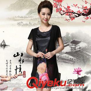 下架區(qū) 2015夏新款大碼女裝中老年媽媽裝假兩件印花絲質(zhì)拼接雪紡連衣裙女原始圖片2