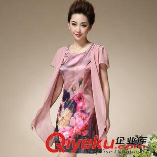 下架區(qū) 2015夏新款大碼女裝中老年媽媽裝假兩件印花絲質(zhì)拼接雪紡連衣裙女原始圖片3