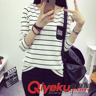 秋季打底衫 2015新款秋裝大碼女裝條紋長袖t恤女大碼修身口袋韓版打底衫原始圖片2