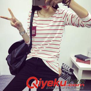 秋季打底衫 2015新款秋裝大碼女裝條紋長袖t恤女大碼修身口袋韓版打底衫原始圖片3