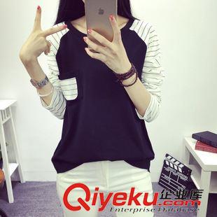 熱賣T恤 2015秋季女裝圓領(lǐng)長(zhǎng)袖t恤女寬松學(xué)院風(fēng)撞色純棉上衣條紋打底衫原始圖片2