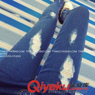 女式牛仔褲 6389  {wn}必備超顯瘦百搭洗水破洞牛仔長褲