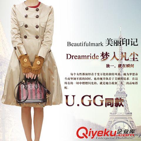 女款 專柜女士半指手套露指冬季保暖UGG手套澳洲仿皮毛一體加厚加絨原始圖片2