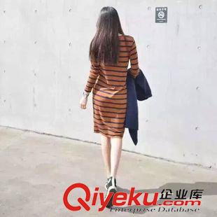 秋款8月中旬  韓國代購女裝 15秋季新款 女神范條紋口袋長款韓范長袖連衣裙