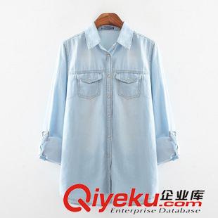 8月新款{dy}波 歐洲站 秋季新款薄女式牛仔襯衫 可挽長袖水洗翻牛仔領襯衫女原始圖片2