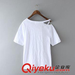 6月新款第三波 夏季新款韓國東大門刺繡花朵寬松單邊露半肩單吊帶短袖純色T恤女原始圖片2