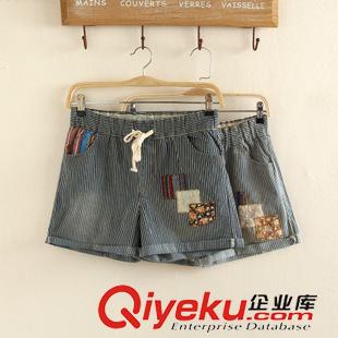 6月新款{dy}波 夏季新款豎條紋短褲女 豎條紋貼布牛仔短褲女夏 韓版寬松短褲女原始圖片2