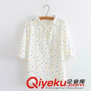 T恤 2015秋季新款棉麻上衣女 印花長(zhǎng)袖純棉T恤 套頭小花邊領(lǐng)T恤原始圖片2
