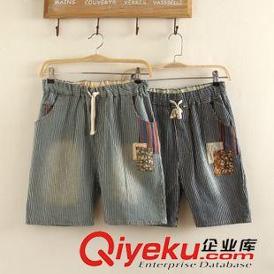 休閑褲/打底褲 夏季新款豎條紋短褲女 豎條紋貼布牛仔短褲女夏 韓版寬松短褲女原始圖片3
