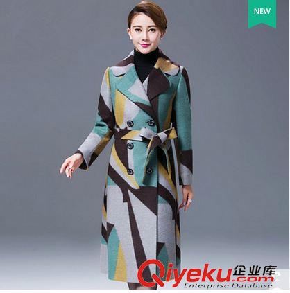 毛昵 外套 2015秋冬新款毛呢外套女中長款大碼雙排扣彩格呢大衣風(fēng)衣原始圖片3