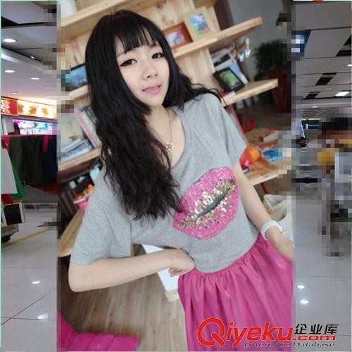衛(wèi)衣 T恤 歐美風(fēng)玫紅亮片嘴唇百搭短袖TEE原始圖片3