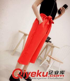4.18 韓版亮紅牛筋系繩休閑褲女款時尚九分褲顯瘦夏款闊腿褲L06原始圖片3