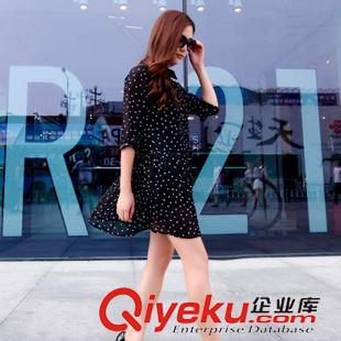 7.14 2015秋裝新款韓國氣質(zhì)百搭褶皺透明七分袖波點(diǎn)連衣裙 女娃娃裙潮原始圖片2