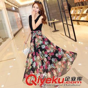 5.10 2015夏新品時(shí)尚V領(lǐng)修身波西米亞長(zhǎng)裙 無(wú)袖大擺印花沙灘裙連衣裙女原始圖片3