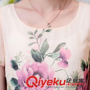 5.20 廠家直銷(xiāo)2015夏季新款女裝中長(zhǎng)款大擺修身顯瘦短袖印花雪紡連衣裙