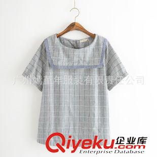 -----》連衣裙 夏裝新款日系休閑海軍領(lǐng)短袖大格子清新學(xué)院風(fēng)女襯衫原始圖片2