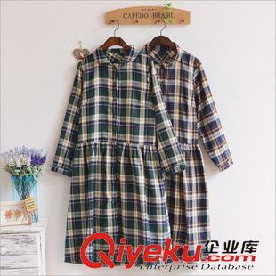 -----》連衣裙 N132 清新 復古文藝彼得潘小翻領格子棉麻長袖秋冬連衣裙原始圖片2