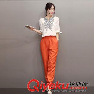 套裝 2015秋季新款女裝歐美休閑時(shí)尚簡(jiǎn)約長(zhǎng)袖鏤空兩件套闊腿褲套裝