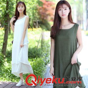 8月21號新款 201夏季新款簡約文藝范長裙寬松大碼女裝無袖純色棉麻背心連衣裙