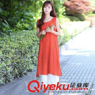 8月21號新款 201夏季新款簡約文藝范長裙寬松大碼女裝無袖純色棉麻背心連衣裙