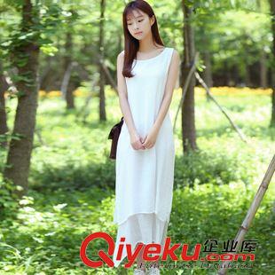 8月21號新款 201夏季新款簡約文藝范長裙寬松大碼女裝無袖純色棉麻背心連衣裙