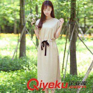 8月21號新款 2015夏季新款小清新純色文藝女裝短袖收腰棉麻連衣裙修身顯瘦