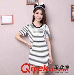 8月18號新款 2015夏季女裝新款韓版條紋圓領短袖釘珠中長款T恤連衣裙短裙原始圖片2