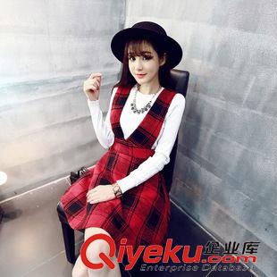 10-15 一件代發(fā)2015新款女裝 韓版大V領(lǐng)高腰格紋韓范毛呢子背帶連衣裙原始圖片3
