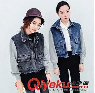 牛仔外套 2015秋季新品 韓版時尚拼接磨皮潮流顯瘦個性女拉絲牛仔外套女裝原始圖片2