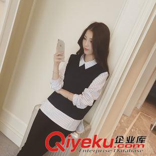 9月8號新款 包郵女裝 一件代發*秋裝韓國新款清新長袖寬松條紋拼接襯衫上衣原始圖片3