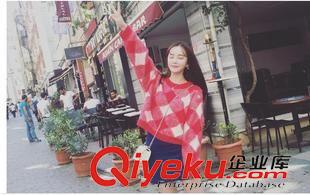 毛衣 佐妮婭*2015秋季新款韓版時尚dp百搭氣質(zhì)紅格紋寬松長袖毛衣女原始圖片2