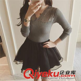 火拼專區(qū)！ 2015秋裝新品韓版氣質蕾絲V領修身顯瘦百搭彈力打底針織衫女原始圖片2