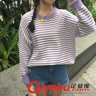 10月19號(hào)上新！ 三葉實(shí)拍2015秋冬新款韓版女裝 經(jīng)典5色條紋圓領(lǐng)毛衣原始圖片2
