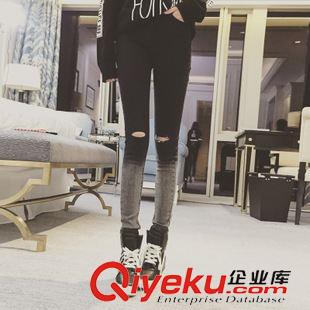 10月17號上新！ 2015秋冬新款 高腰牛仔褲女修身做舊破洞漸變鉛筆褲原始圖片2